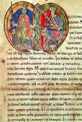 Seite aus der Charta der Kelso Abbey mit einer illuminierten Initiale, die König David I. und seinen Enkel Malcolm IV. darstellt, 1159
