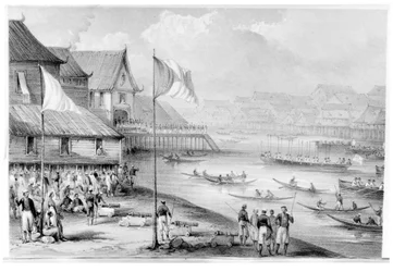 Pax Britannica erreicht ein Dorf in Borneo, Frontispiz zu Band 2 Narrative of Events in Borneo and Celebes, Down to the Occupation of Labuan von Rodney Mundy, 1848