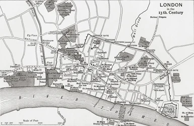 Plan von London im 13. Jahrhundert, aus „A Short History of the English People“ von J. R. Green, veröffentlicht 1893