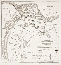 Plan des Angriffs auf Seringapatam, Illustration aus Cassells Illustrierter Geschichte Indiens von James Grant, veröffentlicht 1879