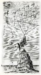 Flugzeug, Illustration aus dem Frontispiz von Der Mann im Mond oder eine Abhandlung über eine Reise dorthin von Domingo Gonsales, der schnelle Bote von Francis Godwin (1562-1633), posthum veröffentlicht