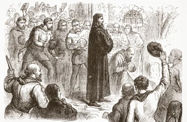 Volksdemonstration am Lambeth Palace zugunsten von Wicliffe, Illustration aus Die Geschichte des Protestantismus von James Aitken Wylie, veröffentlicht 1878