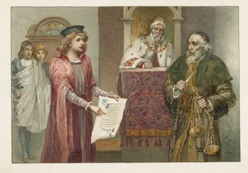 Portia, Shylock und der Richter in Der Kaufmann von Venedig