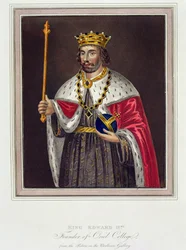 Porträt von König Edward II (1284-1327), Gründer des Oriel College, nach einem Gemälde in der Bodleian Library (Farbstich)