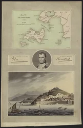 Porträt von Napoleon Bonaparte mit einer Karte und einer Ansicht von Elba