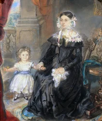 Porträt einer Mutter und eines kleinen Kindes in einem Innenraum, ca. 1830