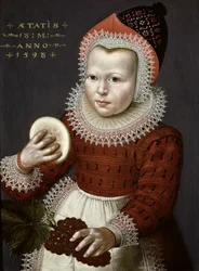 Porträt eines jungen Mädchens, das Brot und Trauben hält, 1598