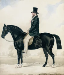 Porträt eines Herrn mit Zylinder, auf einem schwarzen Jäger sitzend