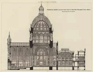 Prämiertes Design, Schnitt von vorne nach hinten Neues Parlamentshaus Berlin (Gravur)