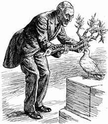 Präsident Wilson überreicht der Friedenstaube einen Olivenzweig mit der Aufschrift „Völkerbund“, aus „Punch“, London, 26. März 1919