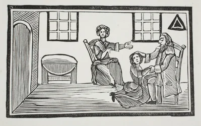 Die hübsche Bessie erhält den Segen ihres Vaters, als sie sich ihren Lebensunterhalt sucht, Illustration aus Chap-books des achtzehnten Jahrhunderts von John Ashton, veröffentlicht 1882