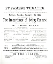 Programm für eine Aufführung von The Importance of Being Earnest, von Oscar Wilde, im St. James Theatre, 14. Februar 1895