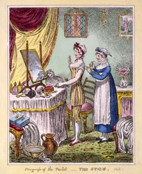 Fortschritt der Toilette - Die Korsetts Platte 1, veröffentlicht von McCleary, London, 1810 (handkolorierte Gravur)