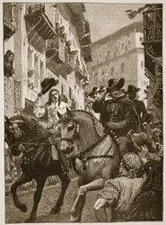 Öffentlicher Empfang von Prinz Charles in Madrid, Illustration aus Cassells Illustrierter Geschichte Englands