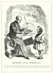 Lob und Pudding: Prinz Albert belohnt Joseph Paxton für die Gestaltung des Kristallpalastes zur Unterbringung der erfolgreichen Großen Ausstellung von 1851 im Hyde Park, London (Stich)