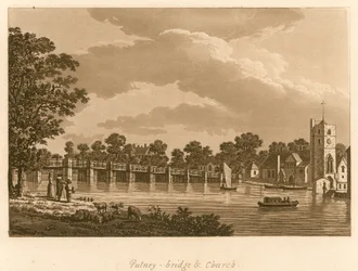 Putney-Brücke und Kirche, London