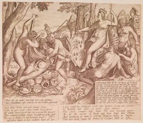 Königin Elisabeth I. von England als Göttin Diana, sitzend im Urteil über Papst Gregor XIII.