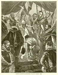 Königin Elisabeth schlägt Francis Drake zum Ritter, 1585