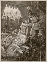 Königin Philippa setzt sich für die Bürger von Calais ein, Illustration aus Cassells Illustrierter Geschichte Englands