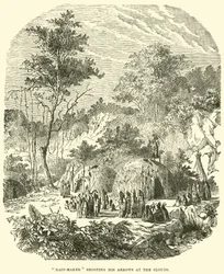 Regenmacher, der seine Pfeile auf die Wolken schießt