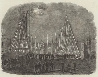 Heben der Fachwerke des Gebäudes am Leicester-Square, für Mr. Wylds großes Modell der Erde (Stich)