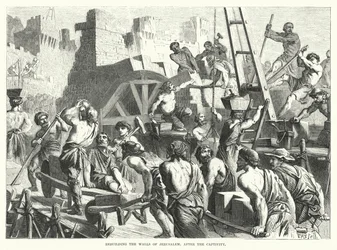 Wiederaufbau der Mauern Jerusalems nach der Gefangenschaft (Gravur)