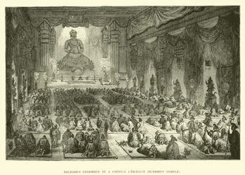 Religiöse Zeremonie in einem chinesischen Lamasery, buddhistischer Tempel
