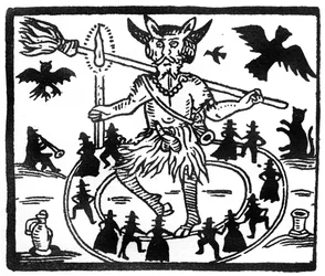 Robin Goodfellow, dargestellt als Priapus mit Ziegenhörnern, erigiertem Penis und umgeben von einem Kreis tanzender Verehrer