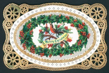 Rotkehlchen sitzt auf Stechpalmenzweig, Weihnachtskarte