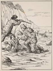 Robinson Crusoe und Freitag retten den Spanier, Illustration aus Die Geschichte von Robinson Crusoe: Eine Adaption für Kinder nach Defoes Sprache, veröffentlicht von Griffith Farran Browne & Co. Limited, London
