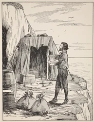 Robinson Crusoe beim Bau seiner Unterkunft, Illustration aus „The Story of Robinson Crusoe: An adaptation for children following Defoe’s language“, herausgegeben von Griffith Farran Browne & Co. Limited, London