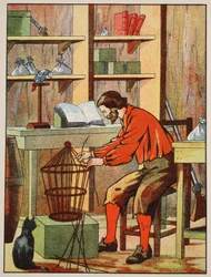 Robinson Crusoe baut einen Käfig für seinen Papagei, Illustration aus Die Geschichte von Robinson Crusoe: Eine Adaption für Kinder nach Defoes Sprache, veröffentlicht von Griffith Farran Browne & Co. Limited, London