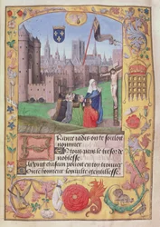 Notre Dame, Paris zeigt die Wappen, die Jungfrau unten schützt neun Figuren, die vor der Kreuzigung knien, aus Gedichte von Charles, Herzog von Orleans, um 1500