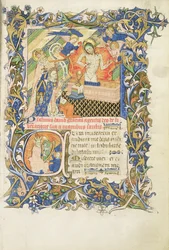 Gekrönte Figur, unterstützt von einem grau bärtigen Heiligen, der vor einem Bild der Barmherzigkeit kniet, aus dem Psalter von Humphrey Duke of Gloucester, ca. 1420-30