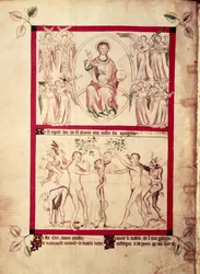 Gott in einer Mandorla umgeben von musizierenden Engeln, Versuchung Evas, aus dem Queen Mary Psalter, ca. 1310-20