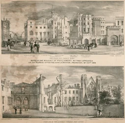 Ruinen der Parlamentshäuser, wie sie am Morgen nach dem Brand erschienen