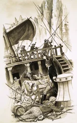 Segelschiff mit Rindern an Bord