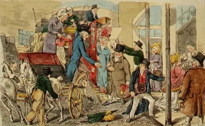 Szene in einem Gasthof, die Ankunft einer Kutsche, ca. 1820
