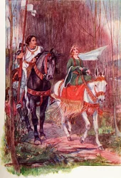 Sir Lancelot und Königin Guinevere. Farbige Illustration aus dem Buch The Gateway to Tennyson, veröffentlicht 1910