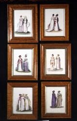 Sechs Miniaturen, die späte 18. und frühe 19. Jahrhundert Damenmode darstellen, ca. 1825