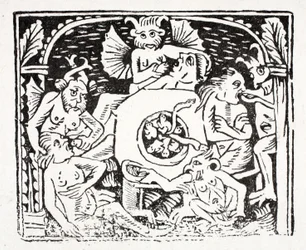 Sechstes: Lazarus beschreibt, was er in der Hölle gesehen hat - ein Tal mit einem stechenden Fluss, der mit Blasen überläuft, wo die Gefräßigen Kröten und andere giftige Kreaturen fressen