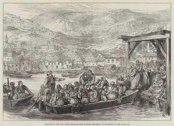 Kriegsskizzen, griechische Flüchtlinge aus Kavarna gehen in Baltschik, am Schwarzen Meer, an Bord (Stich)
