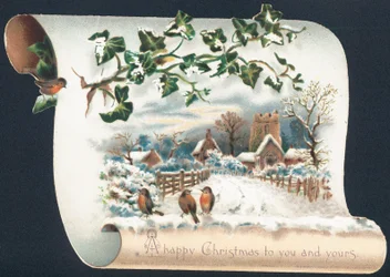 Schneelandschaft mit Rotkehlchen und Kirche, Weihnachtskarte