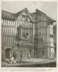 Südostansicht eines alten Hauses, das kürzlich in Sweedons Passage, Grub Street, stand