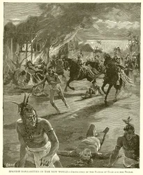 Spanische Grausamkeiten in der Neuen Welt.--Zerstörung der Blume des Goldes und ihres Volkes