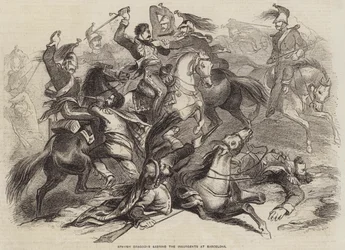 Spanische Dragoner säbeln die Aufständischen in Barcelona nieder (Gravur)