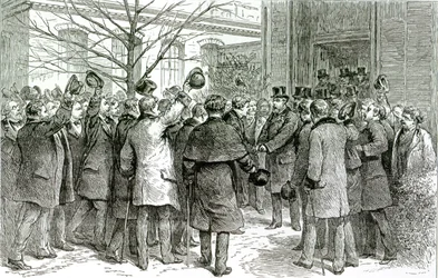 Dr. Robert Koch (1843-1910) verlässt das Königliche Krankenhaus, wo der englische Patient behandelt wird, aus The Graphic, 6. Dezember 1890