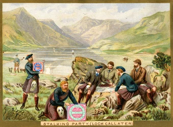 Stalking Party, Loch Callater, Werbekarte für Huntley & Palmers Biscuits, ca. 1890