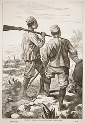 Stanleys Führer bei der Annäherung an den Tanganjikasee, Illustration aus der illustrierten Ausgabe von Leben und Entdeckungen David Livingstones von J. Ewing Richie, veröffentlicht von A. Fullarton & Co., 1876