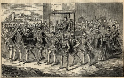 Staatsbesuch von Königin Elizabeth - Königin Elizabeth I. (1533-1603) mit ihren Beratern - Charles, Lord Howard of Effingham; George Clifford, Herzog von Cumberland; Thomas Butler, Earl of Ormonde; George Talbot, 7. Earl of Shrewsbury; Edward Somerset, Ear